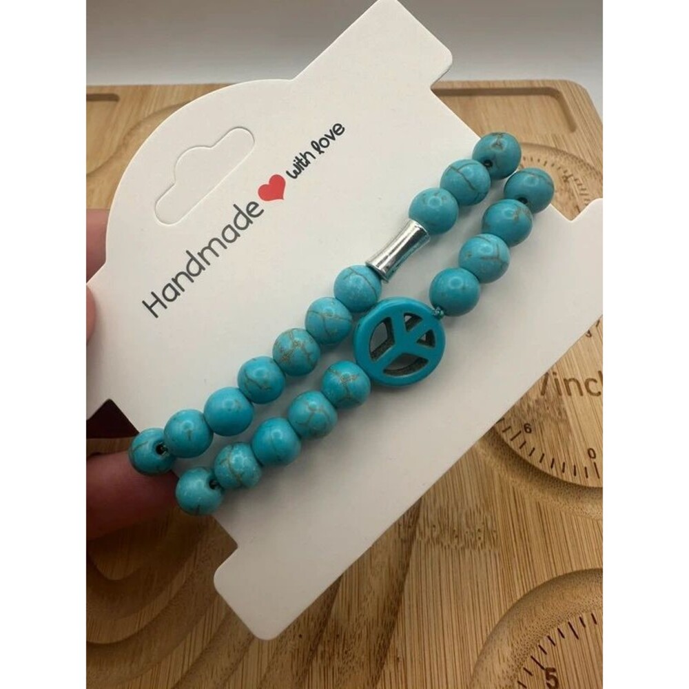 Turquoise Peace Sign Stretch Bracelet Set – Set of 2